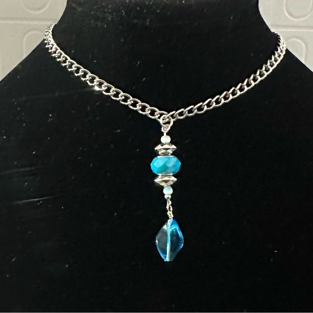 Silver Chain Necklace with Blue Pendant